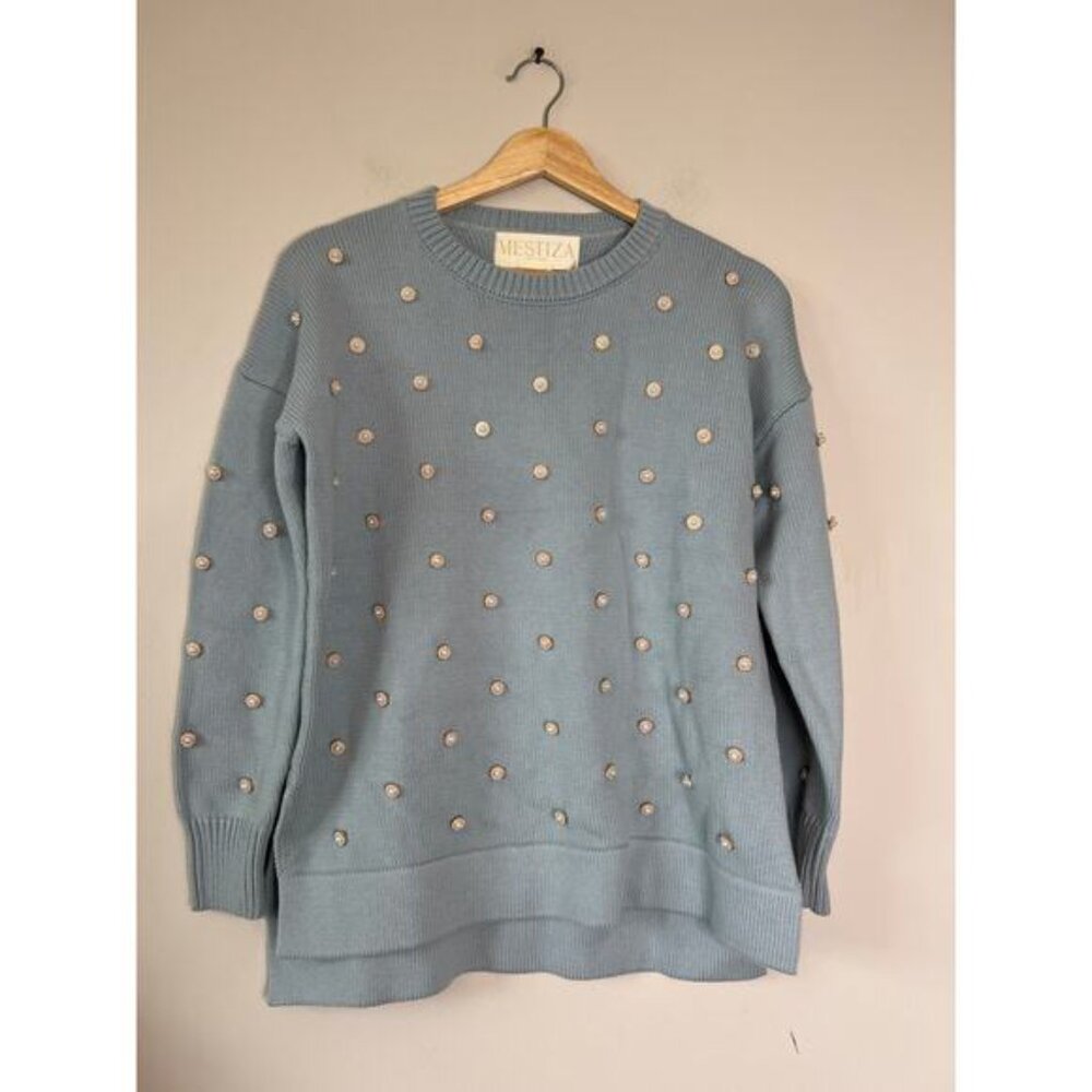 NEW Mestiza New York  Dolcetto Cadiz Pearl Crochet Ribbed Sweater Blue Size: XS - Picture 2 of 7